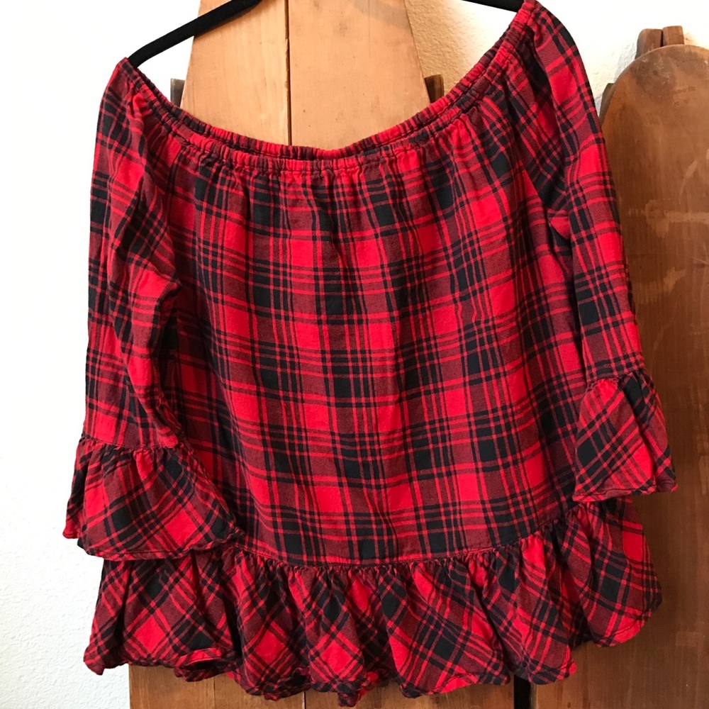 Plaid off the shoulder top